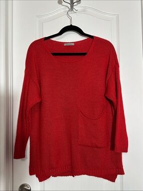 Angela Mara Red Scoop Neck Knit Sweater with Front Pocket